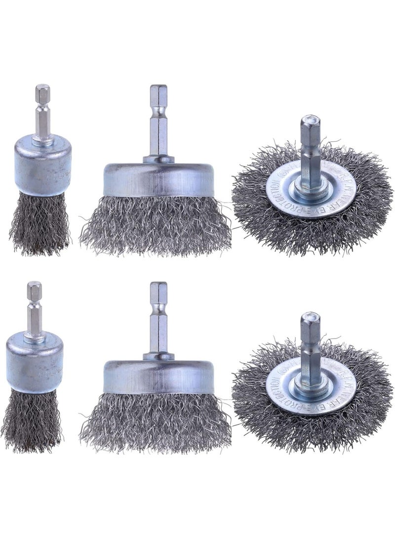 6 Pack Carbon Steel Wire Wheel and Pen Brush Set with 1/4-Inch Hex Shank for Rust Removal, Corrosion and Scrub Surfaces - Image 1